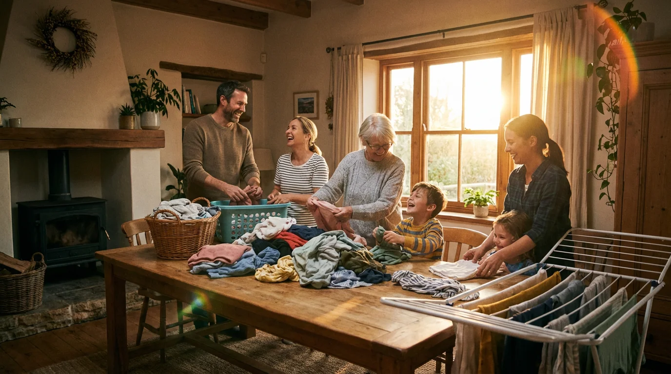 A family peacefully folding laundry together in warm evening light.