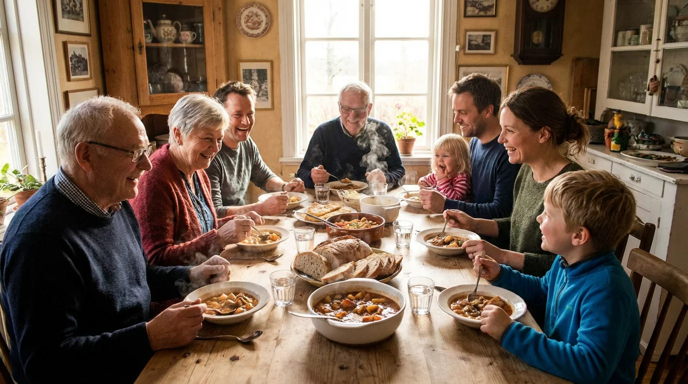 A peaceful multigenerational family sharing a warm meal together.