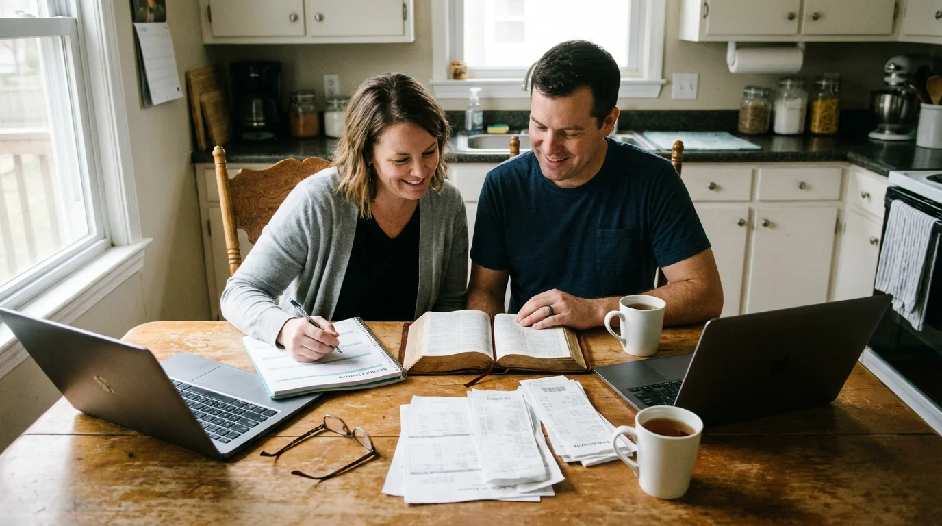 A couple reviews a simple budget at a kitchen table with an open Bible.