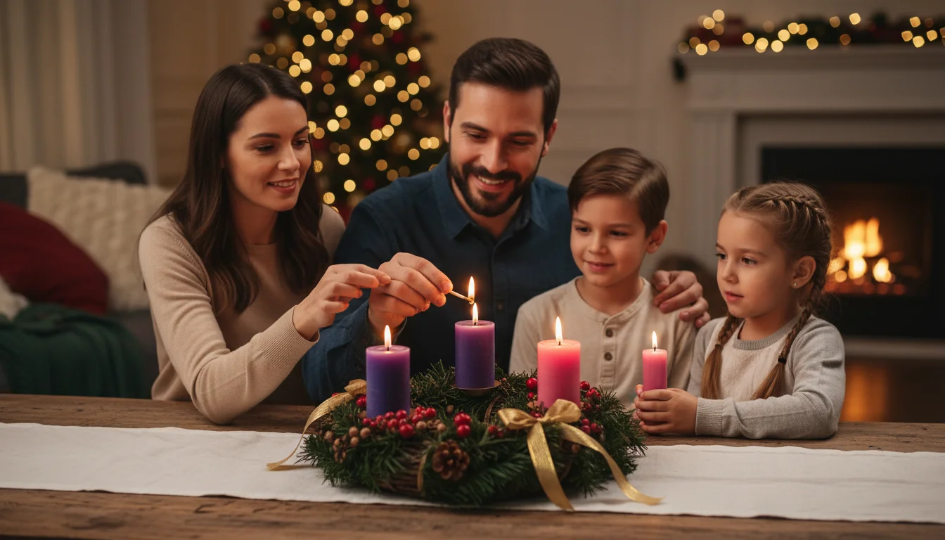 A family lights the third Advent candle together in a warm living room.