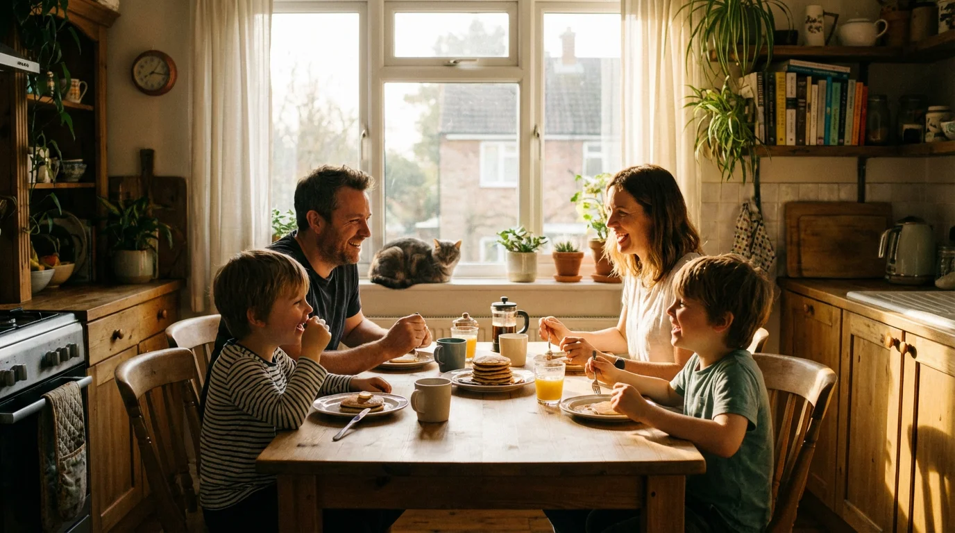A family gathers at a kitchen table in soft morning light with Scripture nearby.