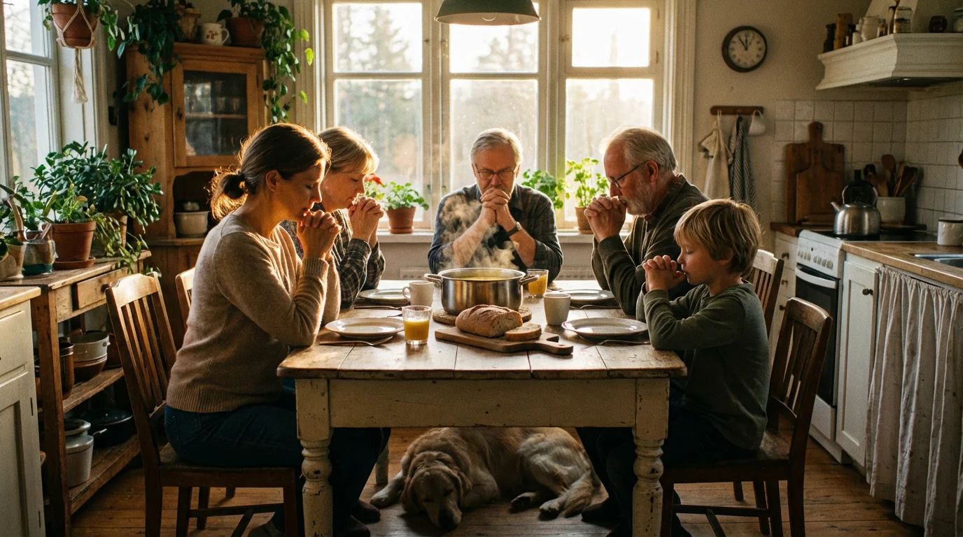 A family shares a quiet prayer in the kitchen before the school day.