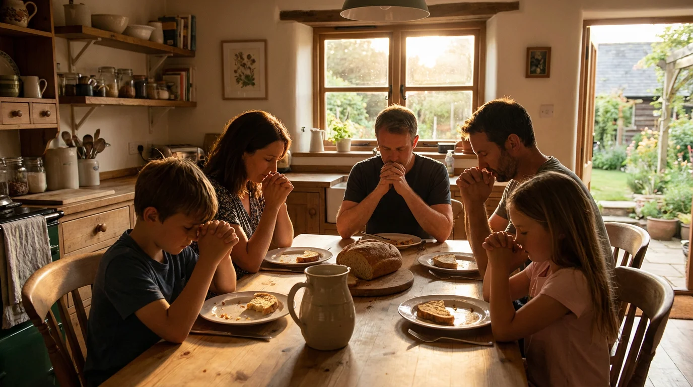 A family pauses to pray together at a kitchen table in evening light.