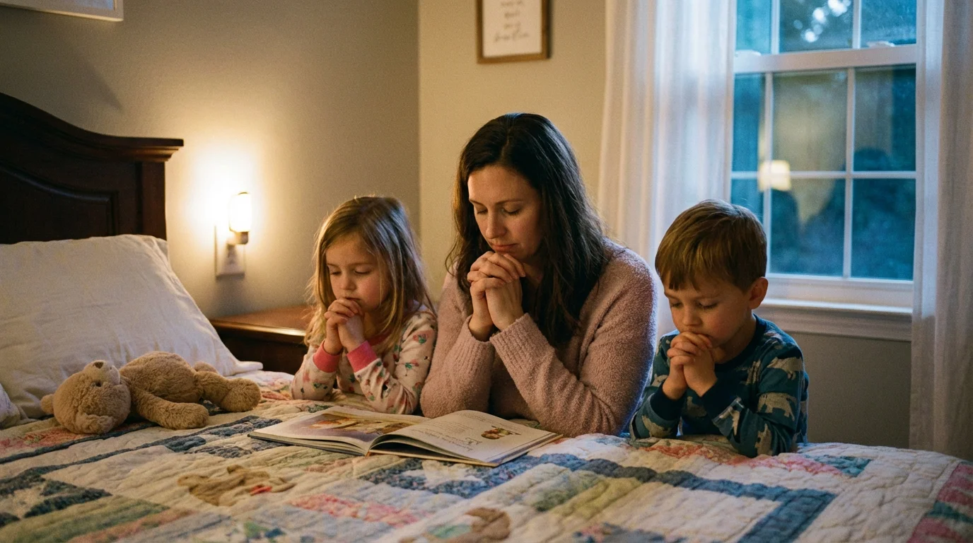 Parent and children praying quietly at bedtime in a warm, peaceful room.