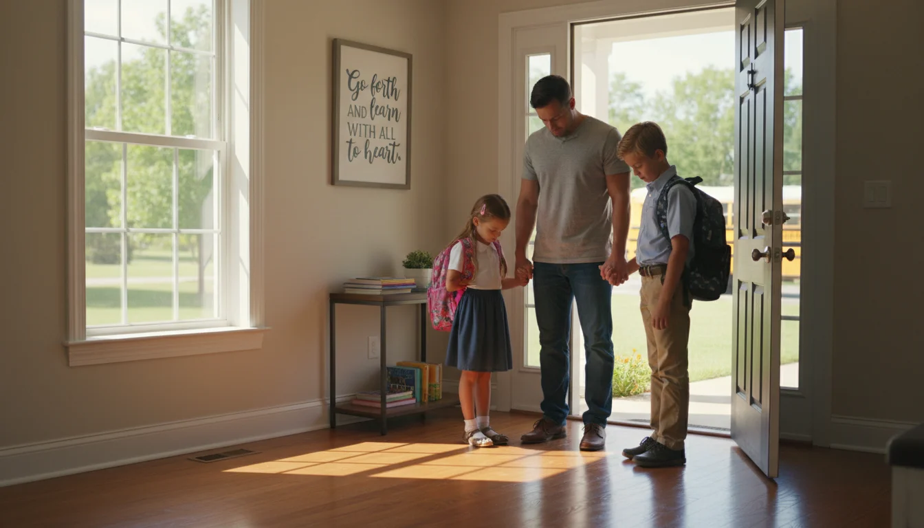 A family prays together by the door on the first school morning.