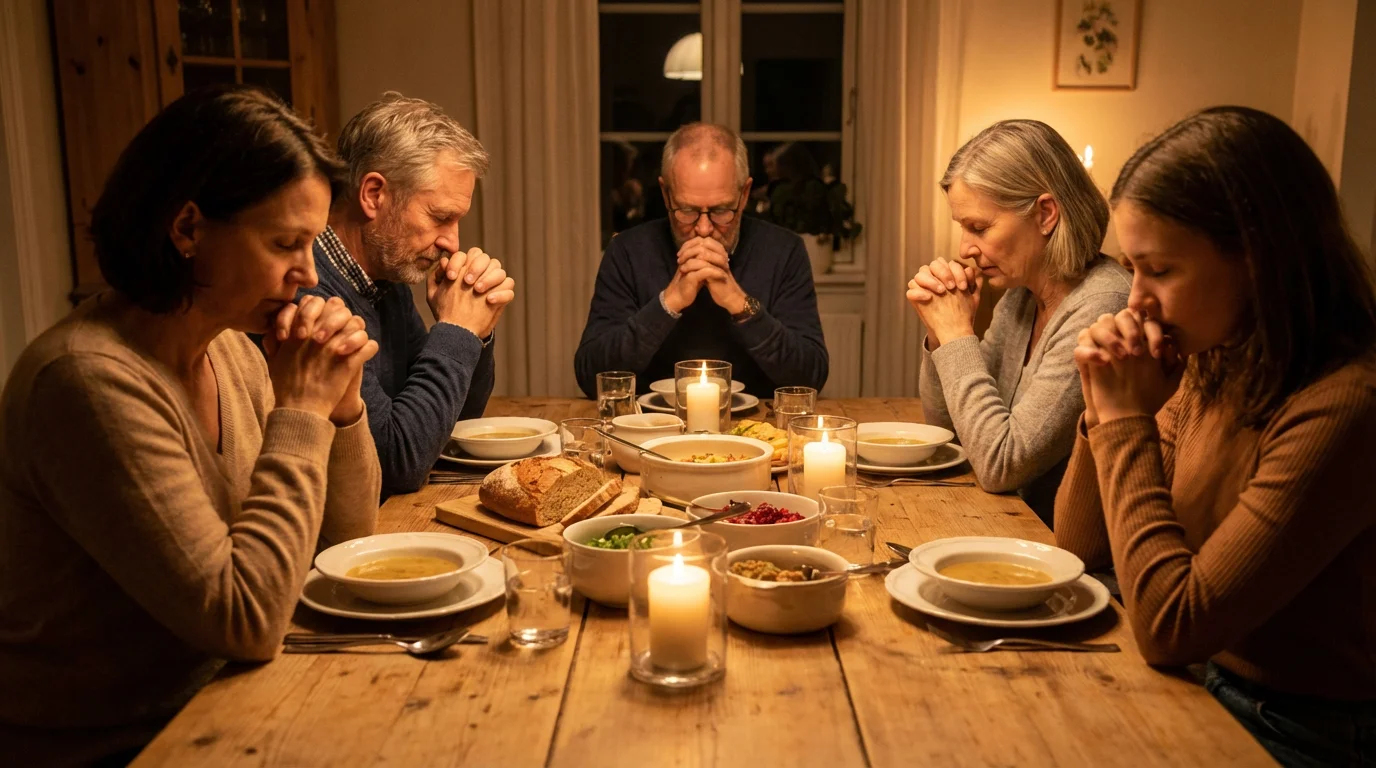 A family gathers around a dinner table with a candle lit for a simple prayer moment.