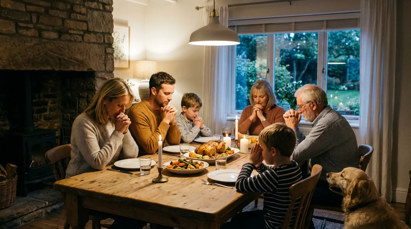 A family holds hands in prayer around a softly lit dinner table.