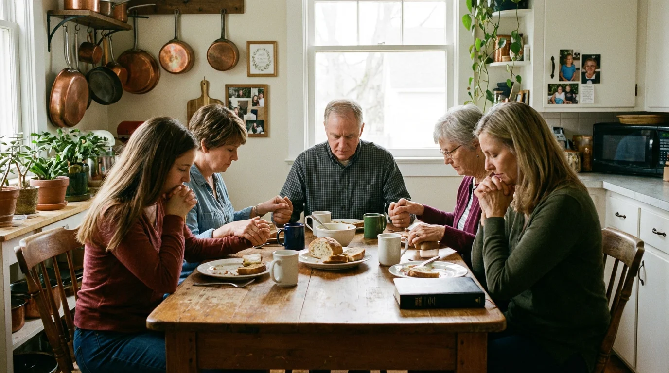 A family prays together in the kitchen before the school day.