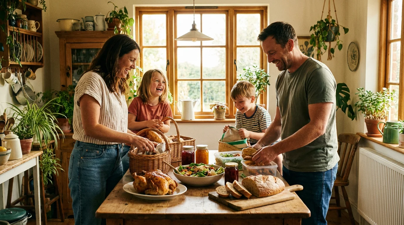 A family cheerfully packs a homemade meal for a neighbor at their kitchen table.