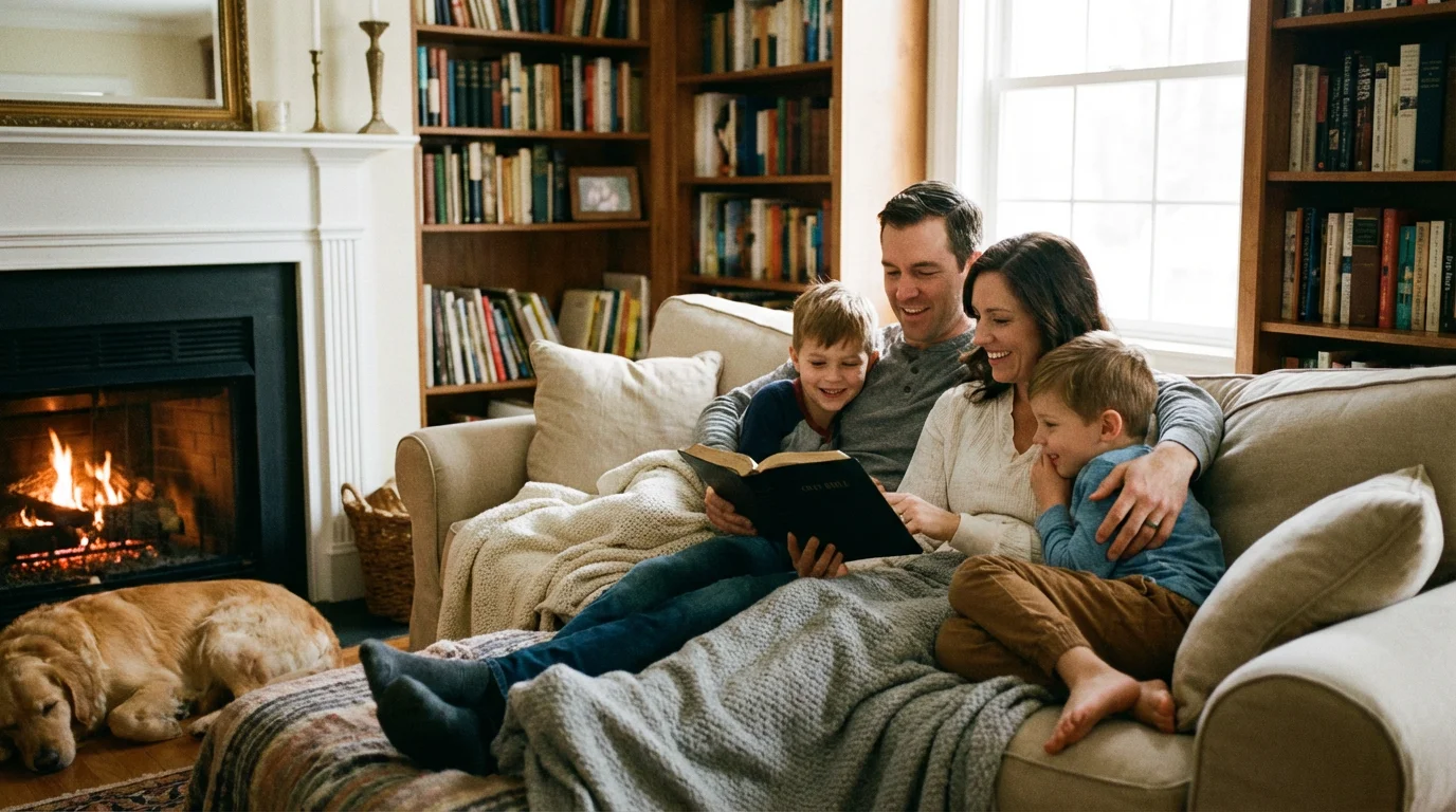 A family reads the Bible together in a warm, welcoming living room.