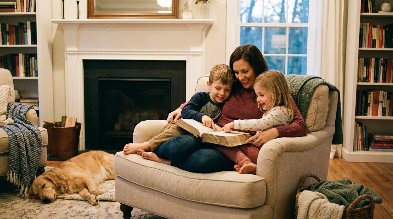 Parent and children reading a children’s Bible together in a cozy living room.