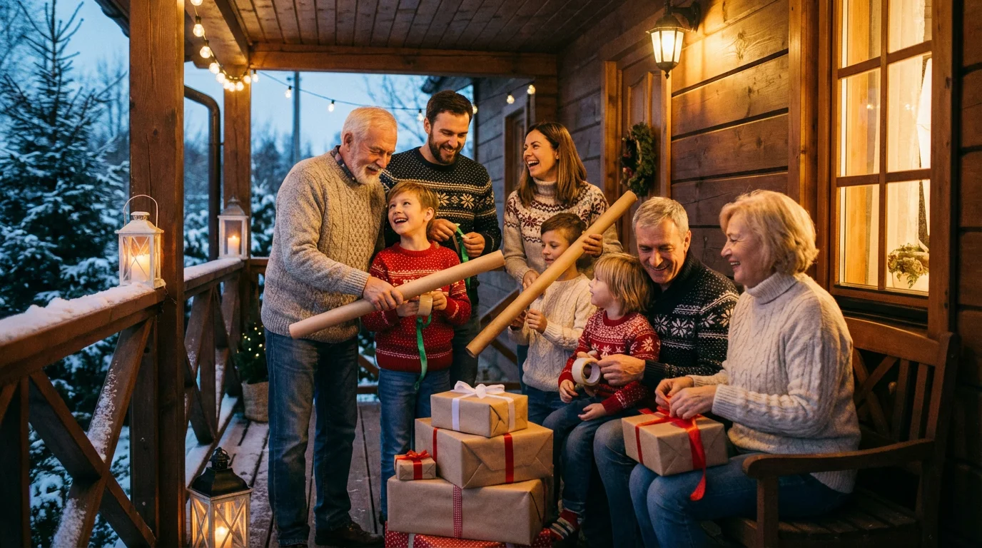 A family on their front porch preparing small gifts to serve neighbors.