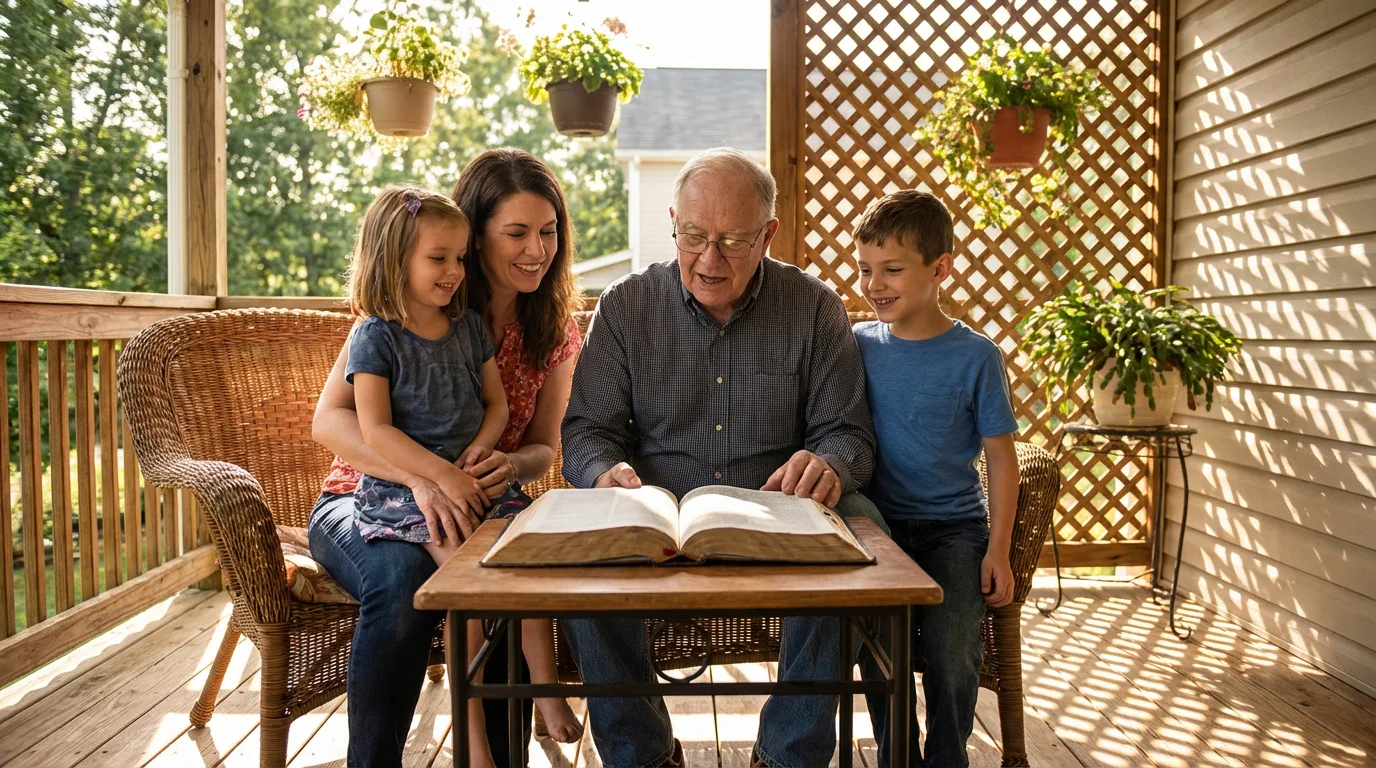 Family reading a short Bible verse together on a sunny porch.