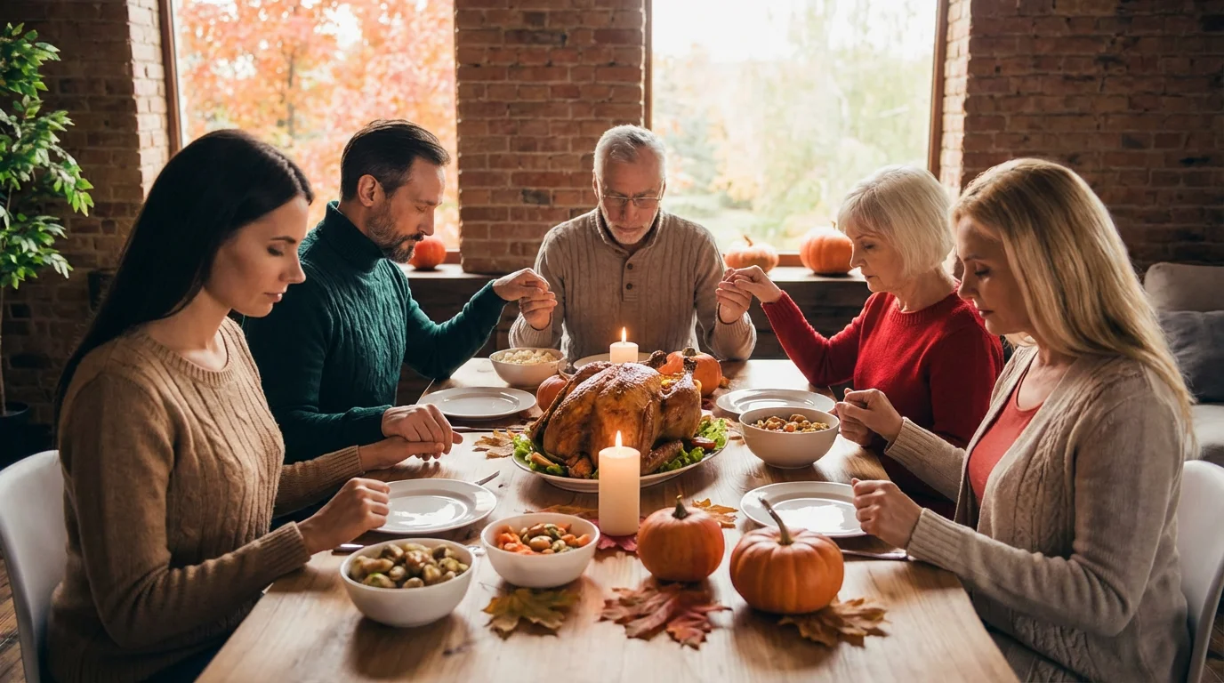 A warm autumn dinner table where a family pauses to give thanks.