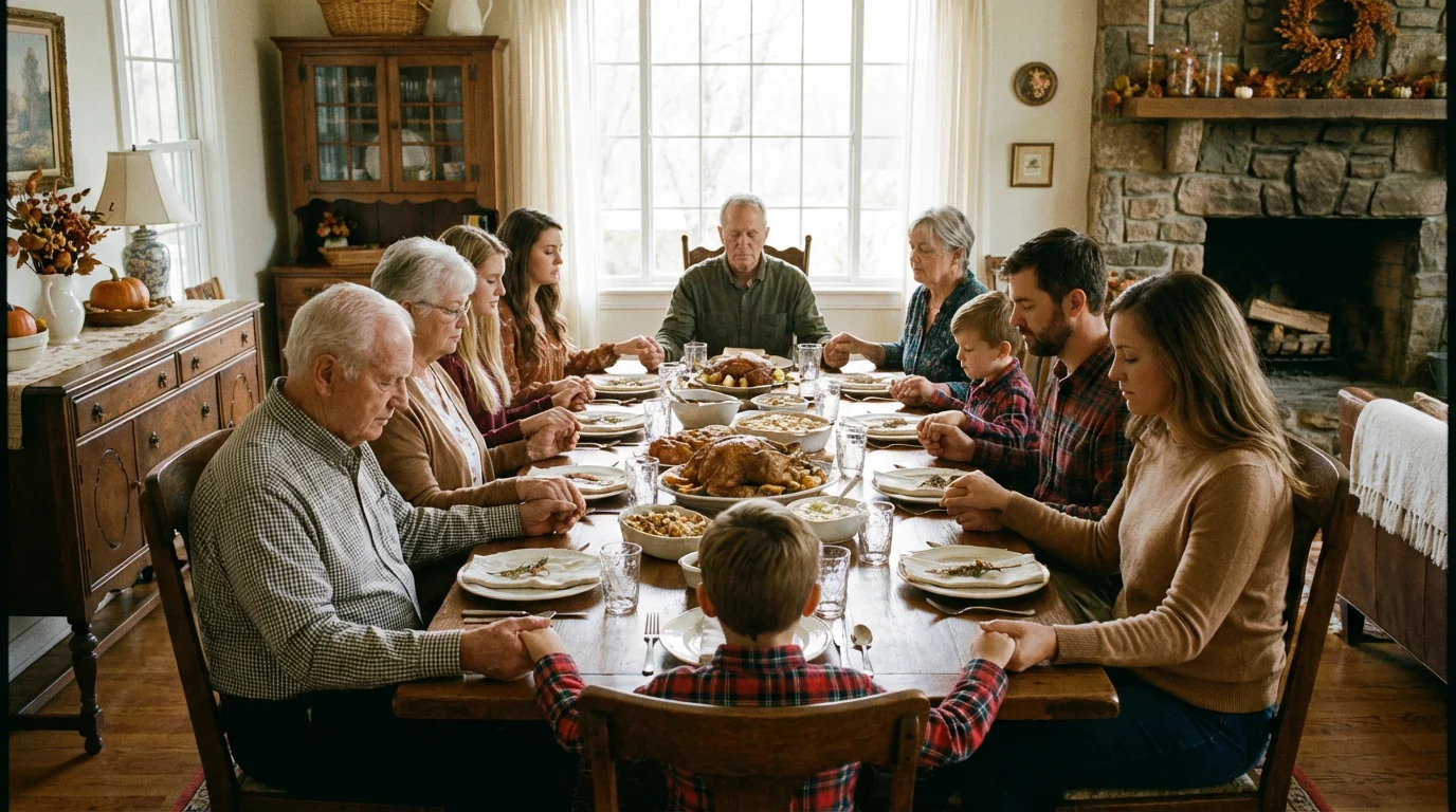 A family of multiple generations pauses in prayer around a Thanksgiving table.