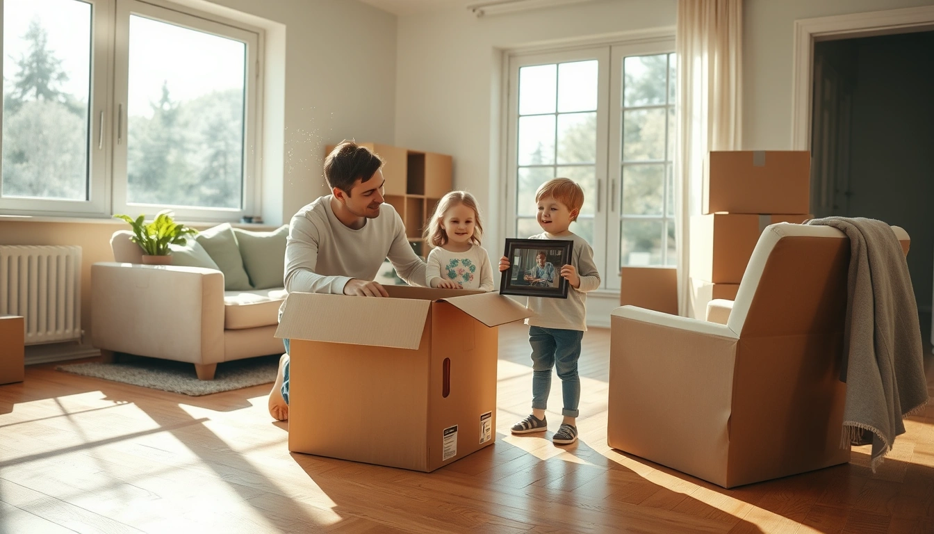 A family begins unpacking in a sunlit living room on moving day.