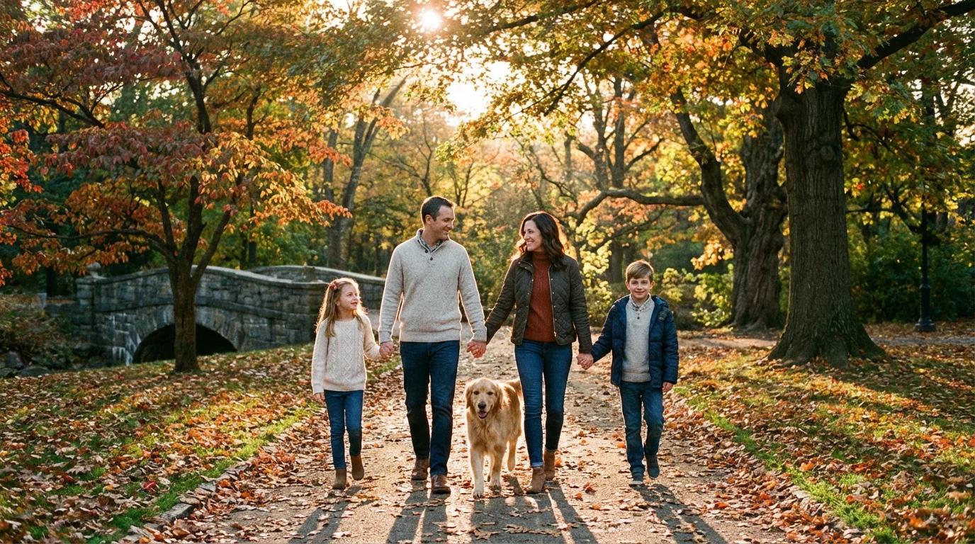 A family takes a slow evening walk through a leafy park at golden hour.