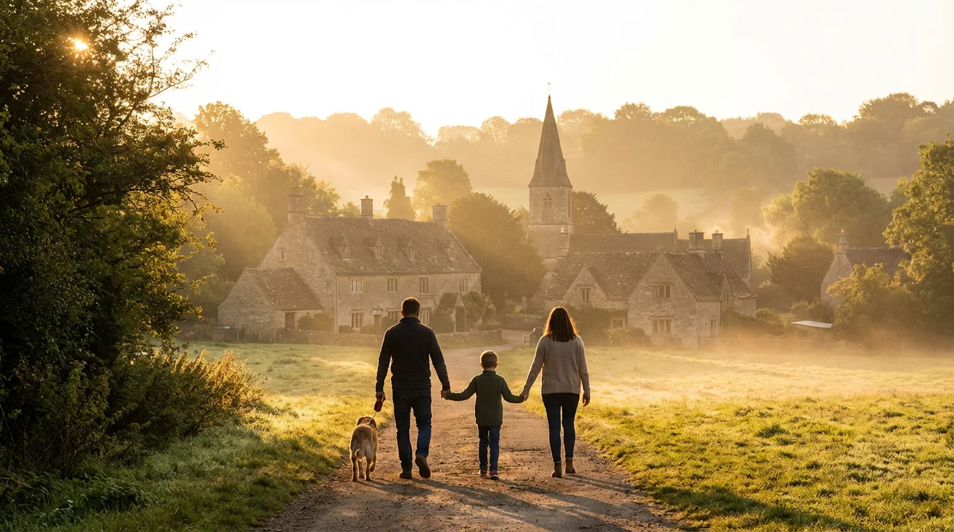 A family walks at dawn toward a small town, symbolizing hope and welcome.