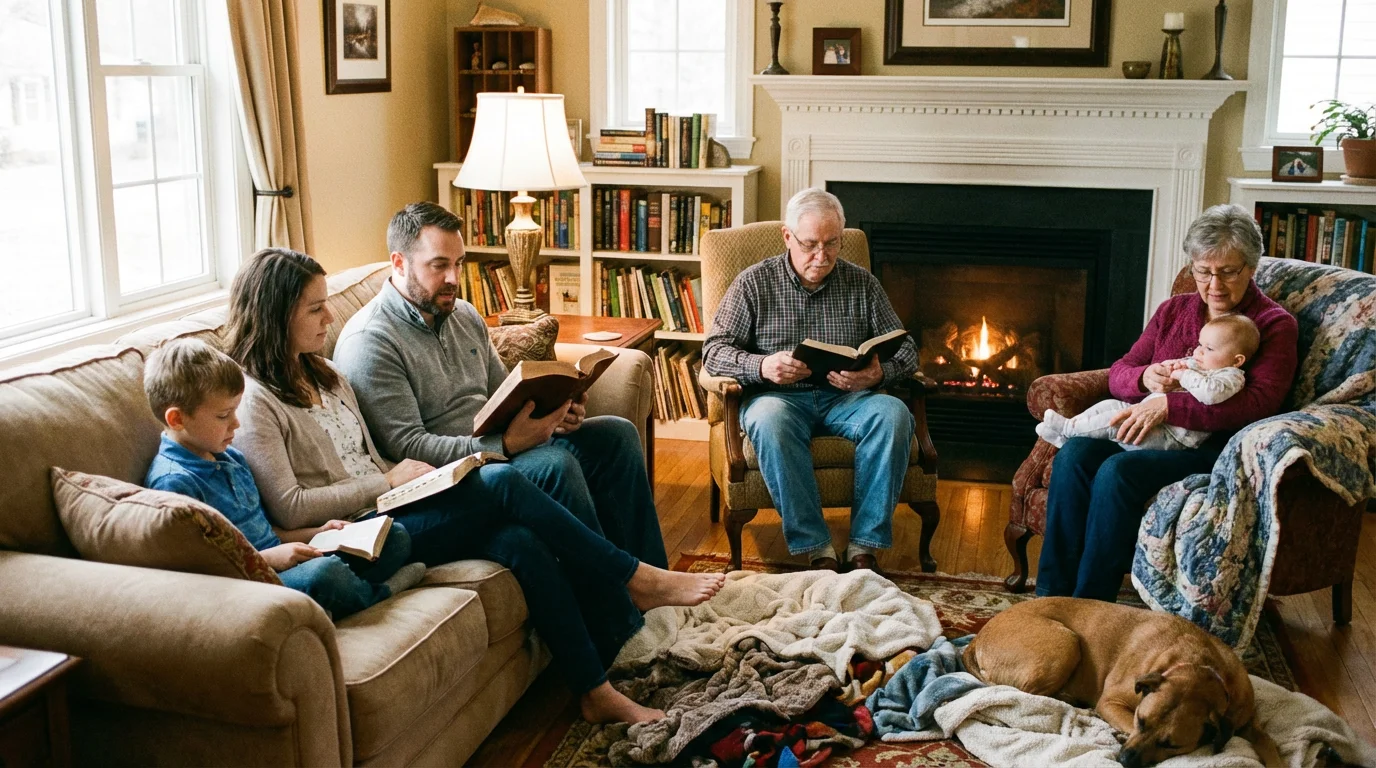 A family gathers in a cozy living room to read Scripture and pray together.