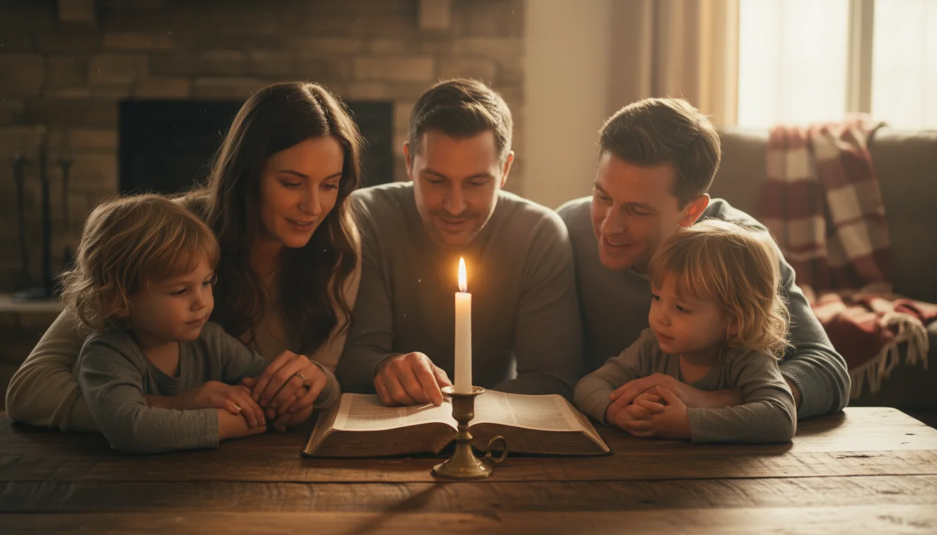 A family gathers in a warm living room around an open Bible and candle.