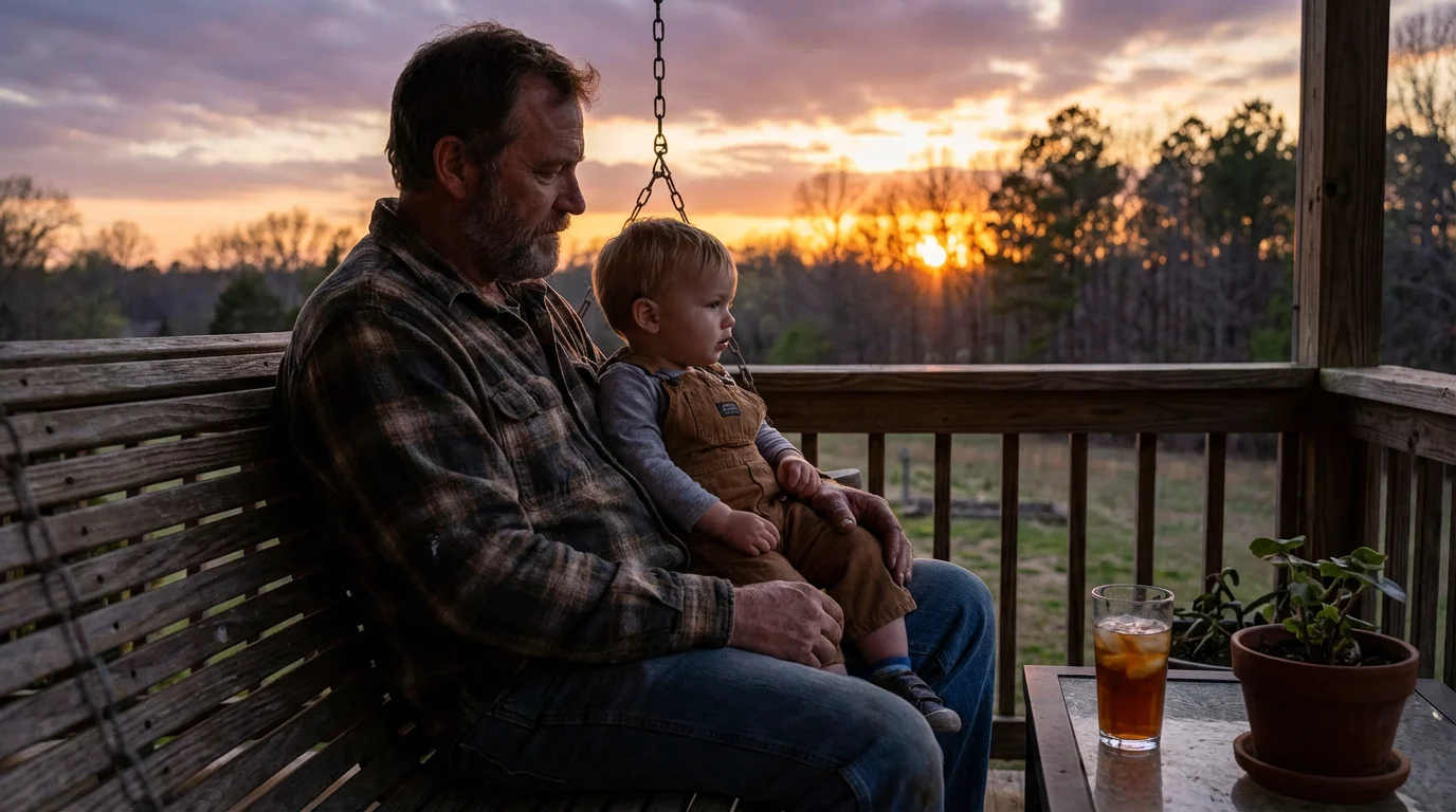A father and child sit together on a porch at sunset, sharing a quiet moment.