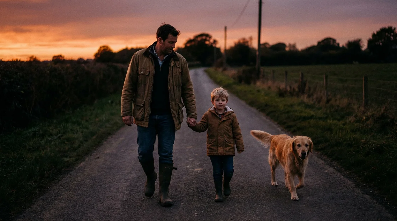 A father and son walk at dusk, sharing a quiet, guiding conversation.