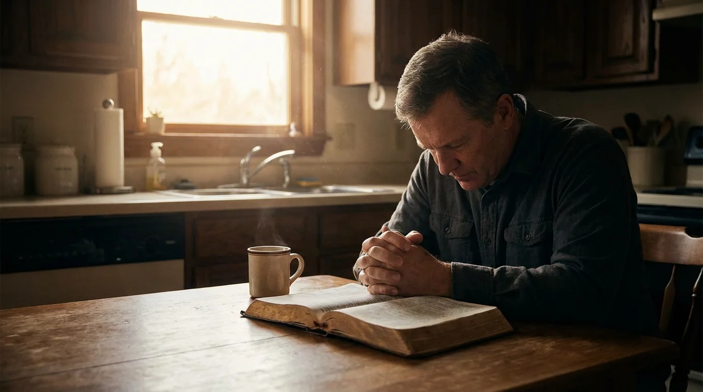 A father prays at dawn over an open Bible in a quiet home kitchen.