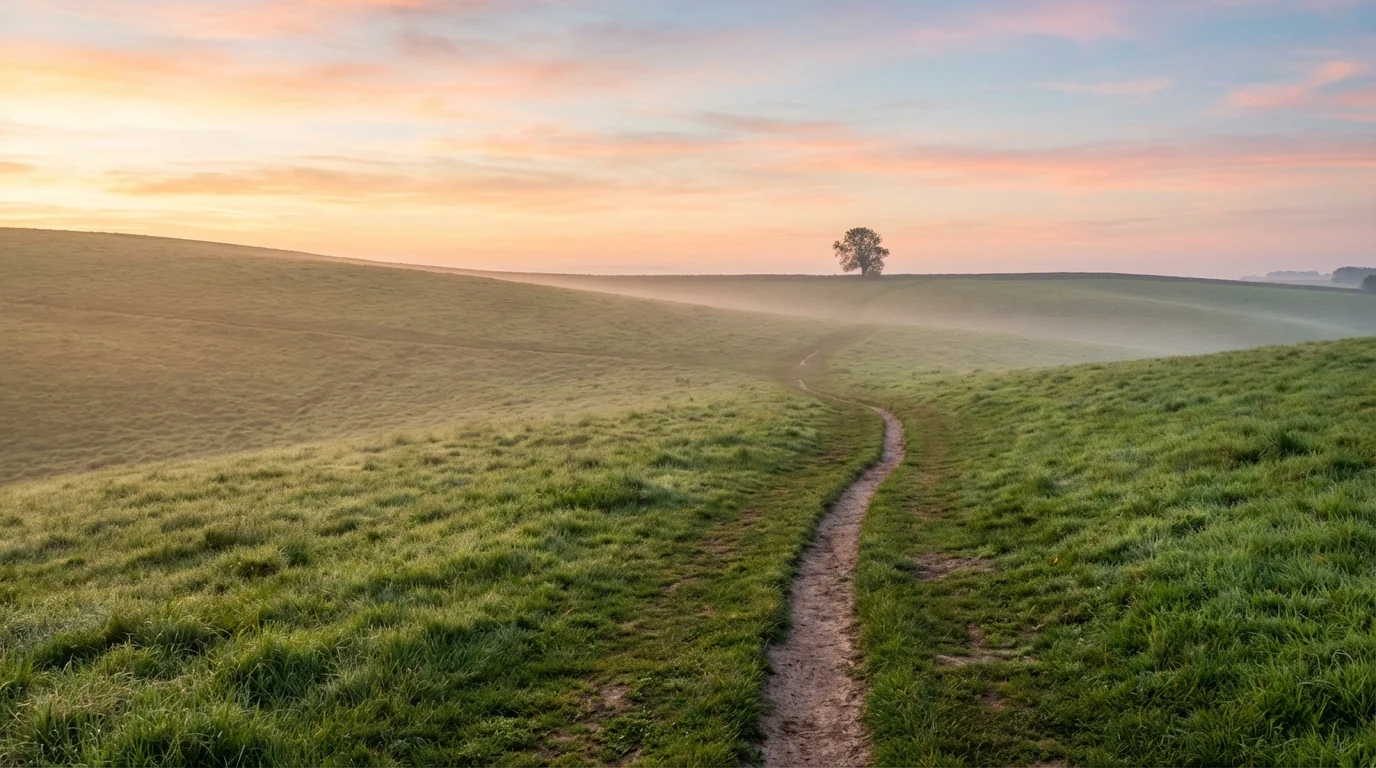 A peaceful dawn scene over gentle hills with a single footpath in soft light.