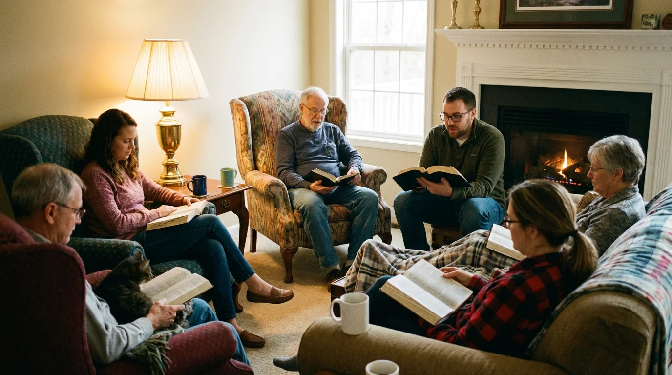 A small group gathers in a warm living room to read Scripture together.