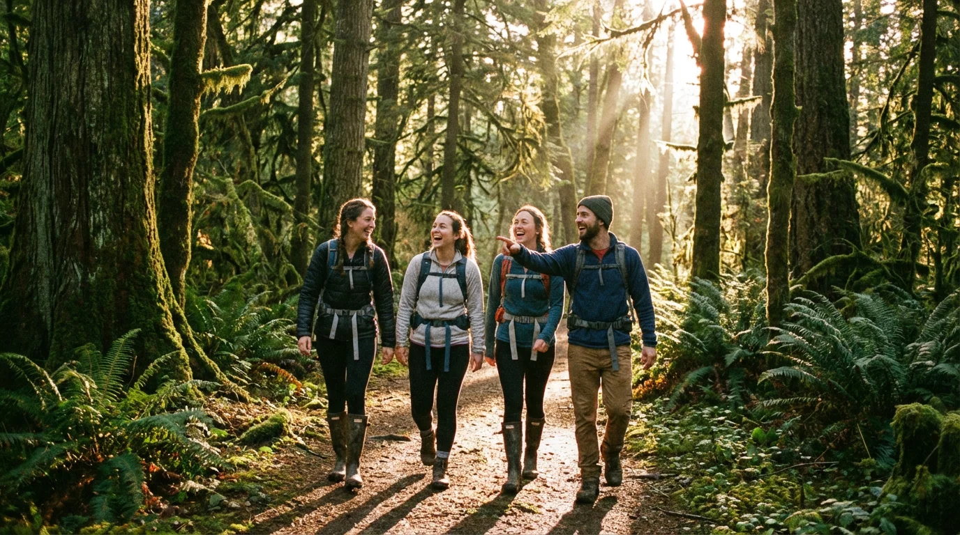 Friends walk together on a sunlit forest path, talking and smiling.