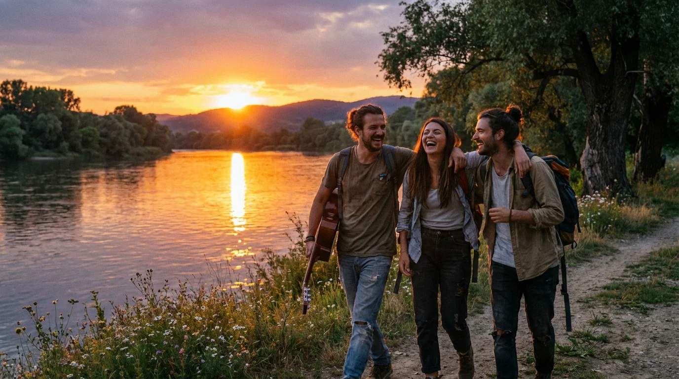 Friends walking by a river at sunset, talking and at ease.