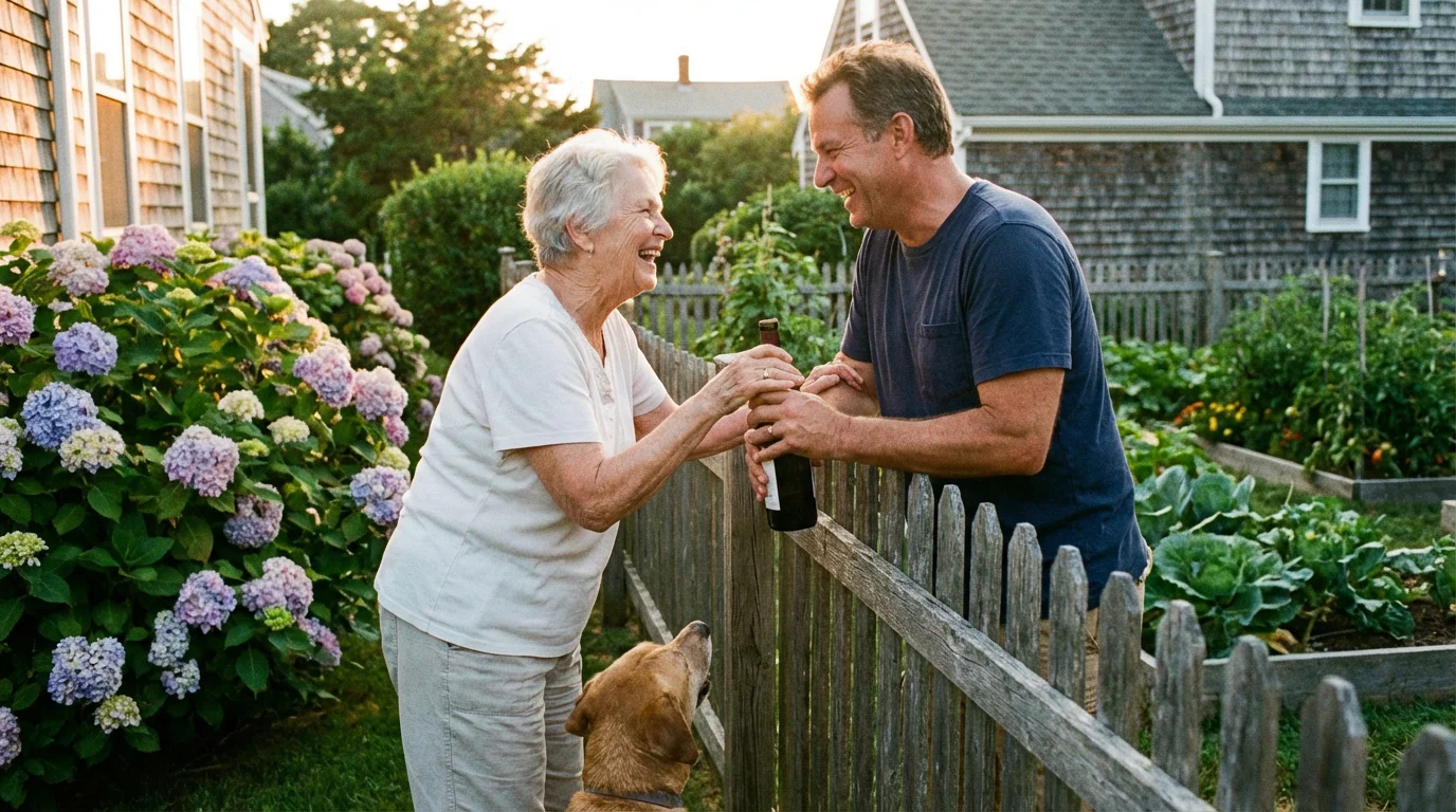 Two neighbors share a kind moment by a front fence at sunset.