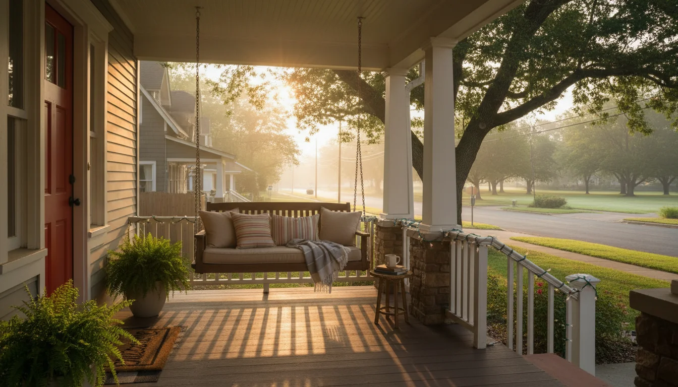 A peaceful neighborhood street at sunrise with a welcoming front porch.