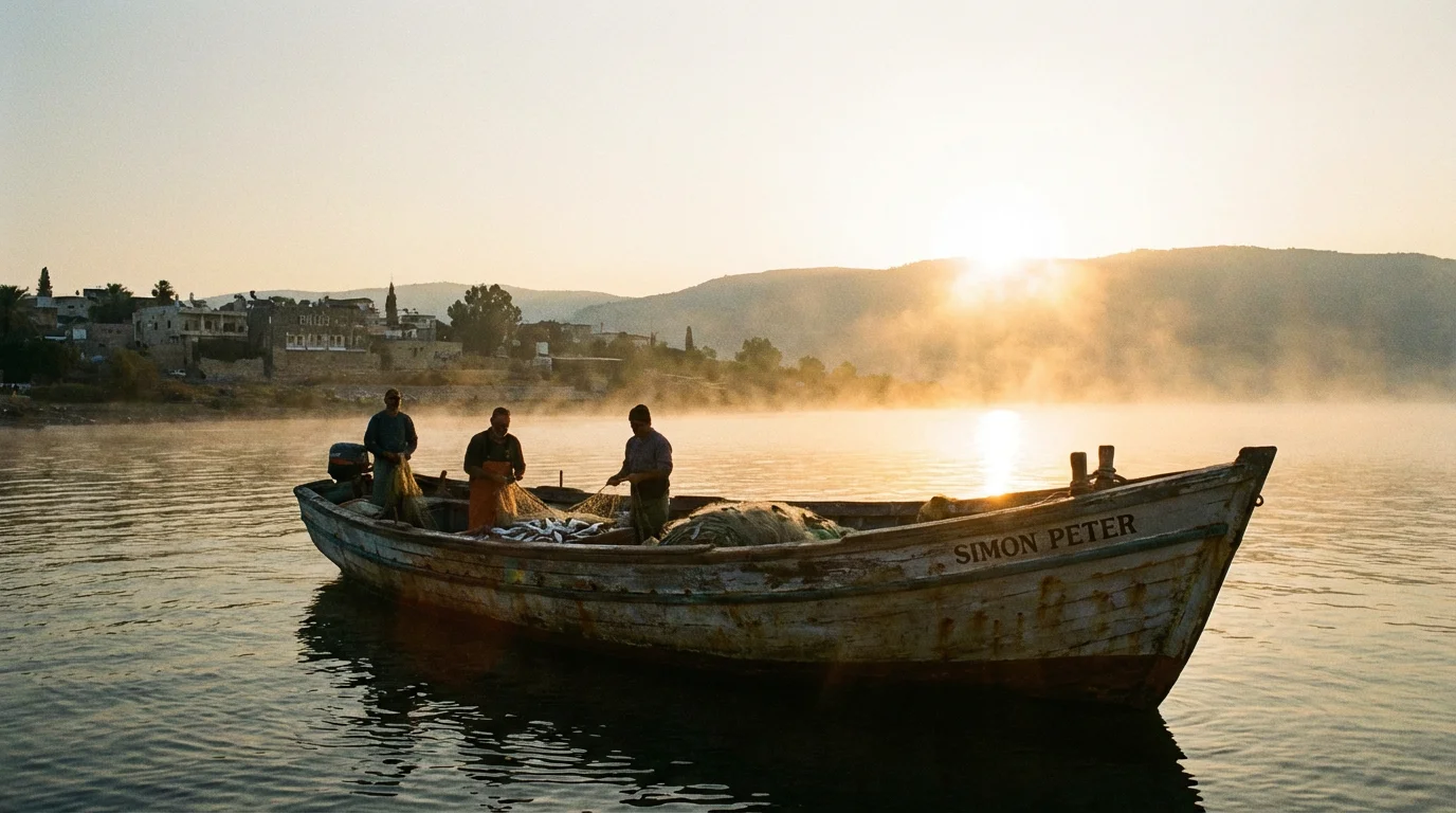 A wooden fishing boat with nets rests on a calm Galilee shoreline at dawn.