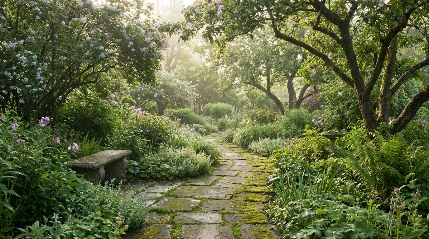 A hand-laid stone path through a green garden in soft light, evoking steady growth.