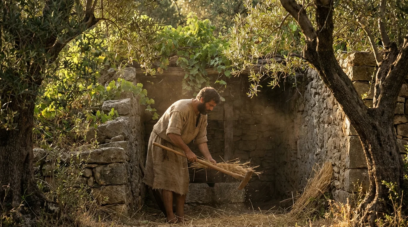 Gideon threshes grain in a hidden winepress at dawn, a moment of quiet expectancy.