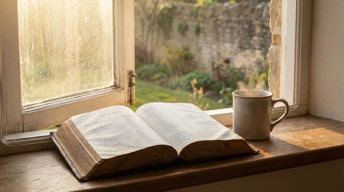 An open Bible by a window in soft morning light with a warm mug.