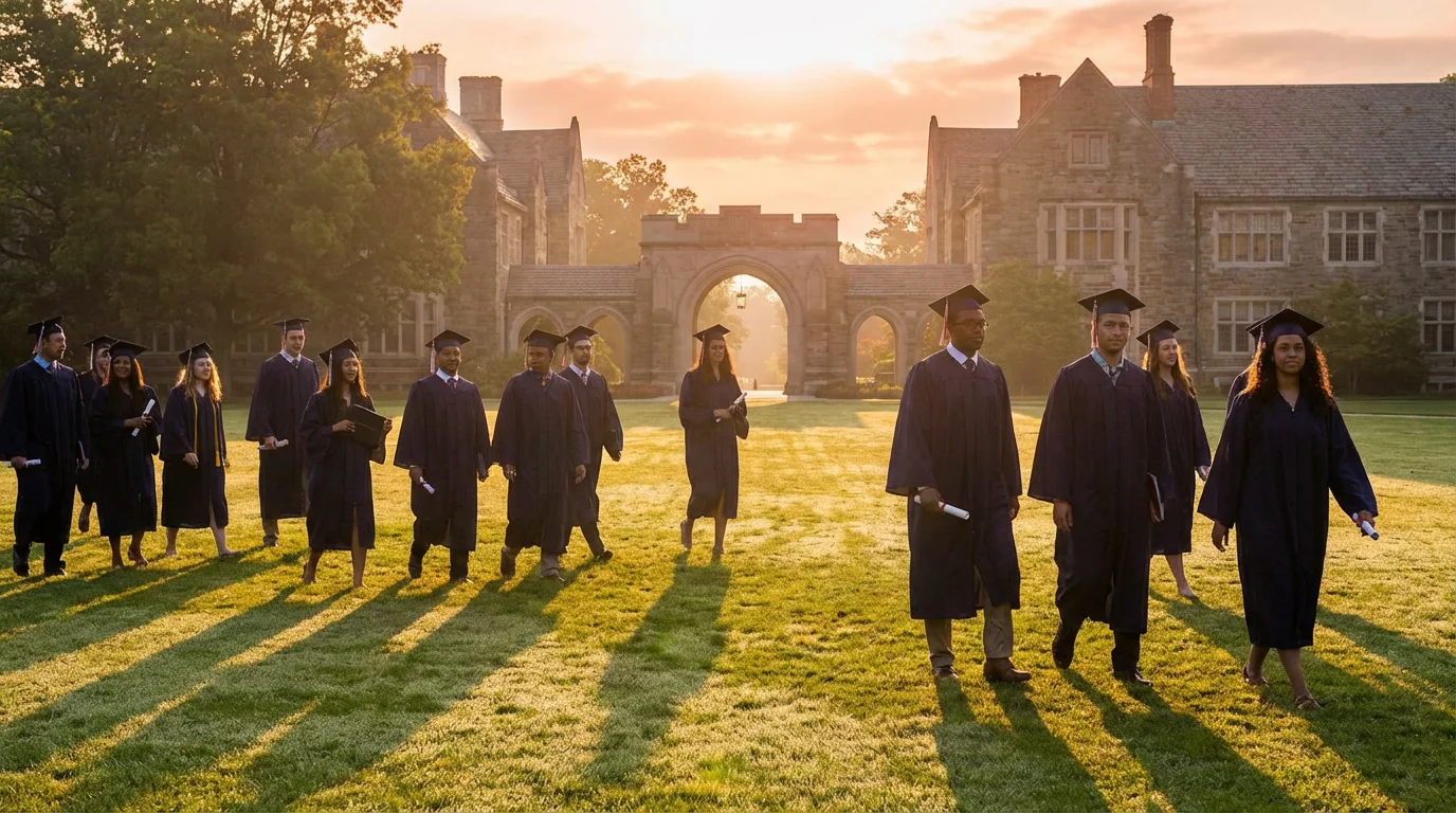 Graduates walk across a sunlit campus lawn at sunrise, calm and hopeful.
