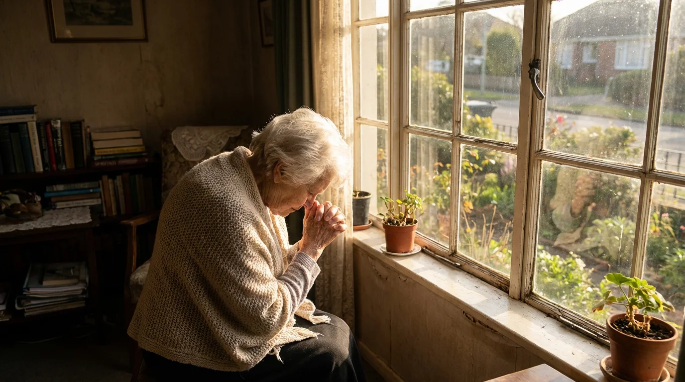 A grandparent prays by a window with a Bible and a mug in morning light.