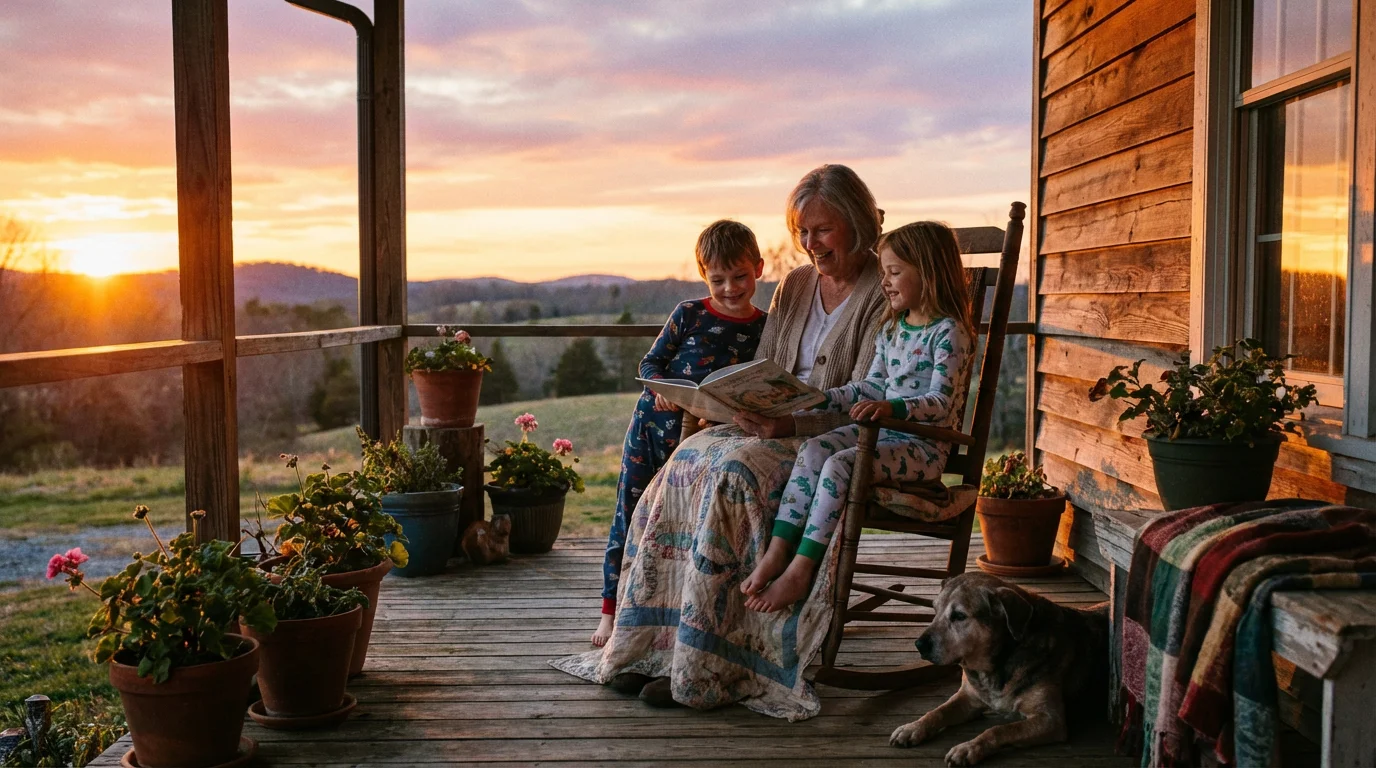 Grandparent reading a story to grandchildren on a porch at sunset.