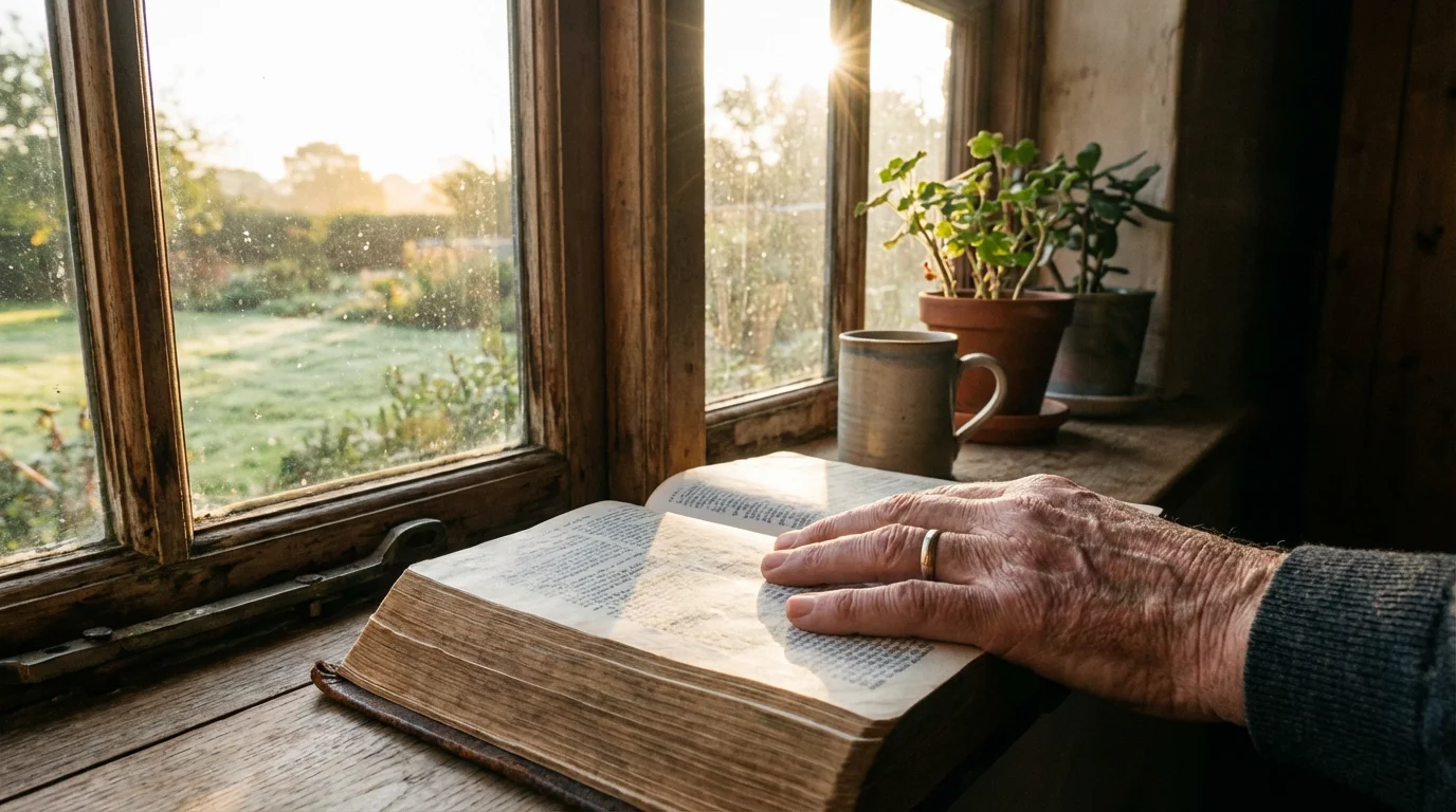 A hand resting on an open Bible beside a window in soft morning light.