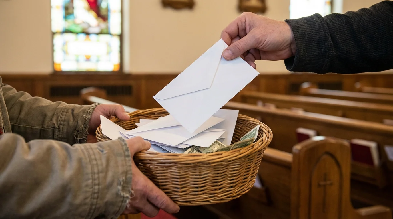 Hands placing an envelope into a wooden offering basket during a quiet church service.