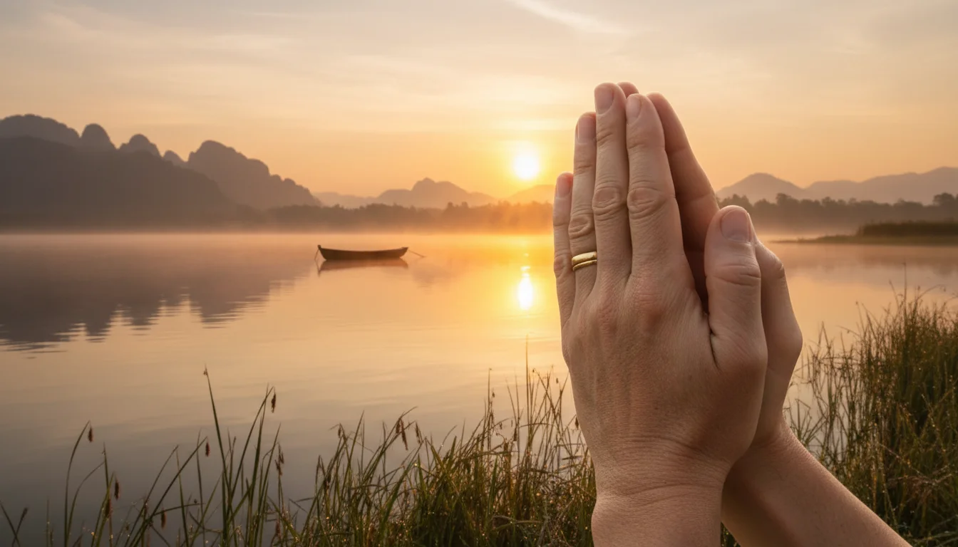 Open hands in prayer at dawn by a calm lakeside.