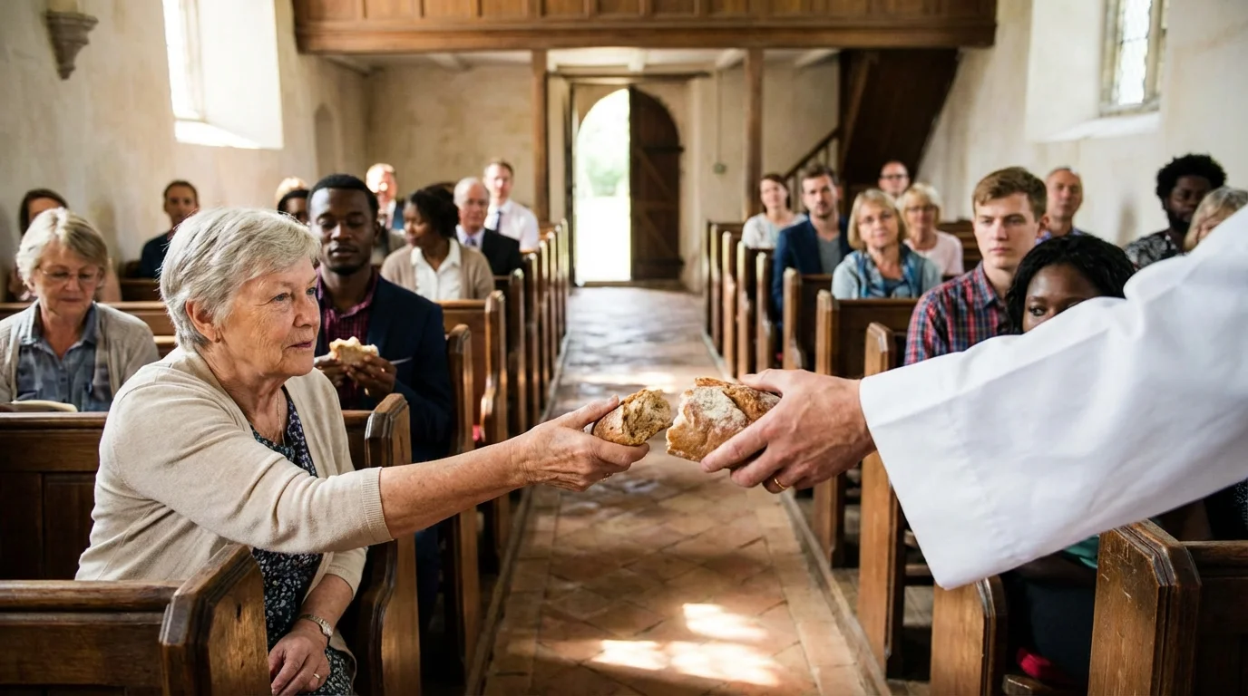 Congregants pass broken bread down a pew, receiving with quiet reverence.