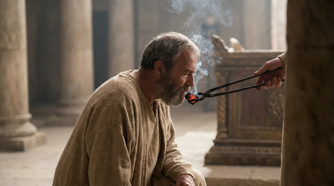 Isaiah stands in the temple as a coal is brought to cleanse his lips.