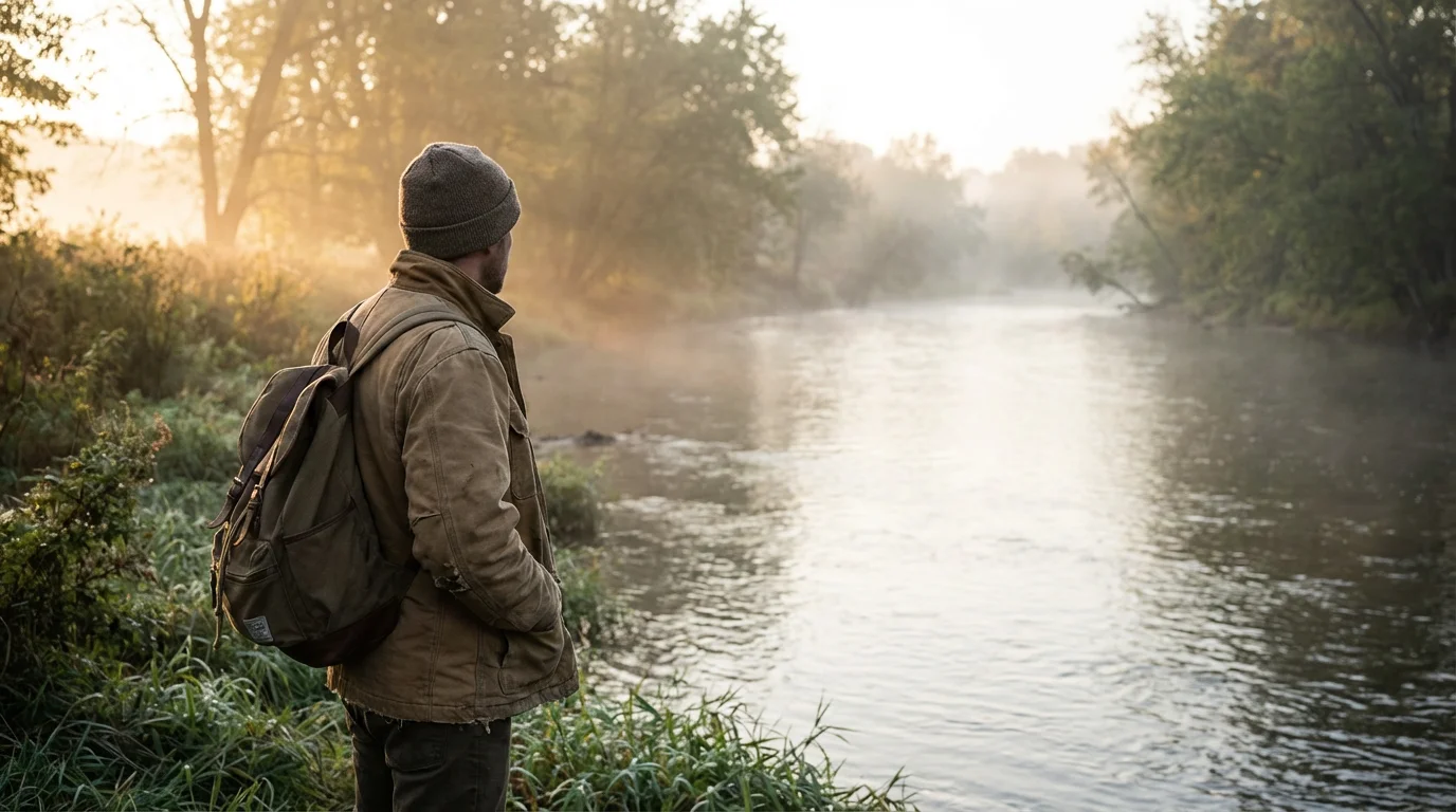 A solitary figure by a riverbank at dawn, reflecting after a long night of wrestling.