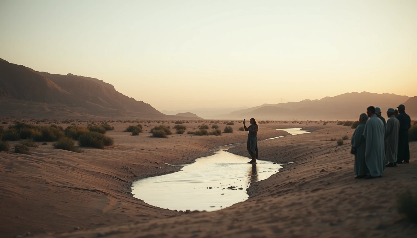 A humble scene by the Jordan River at dawn with John teaching a small crowd.