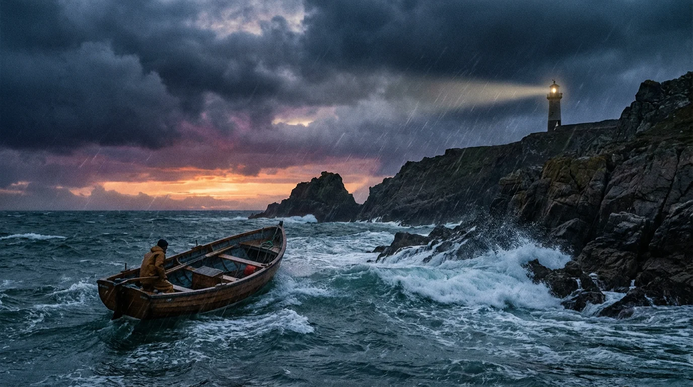 A small boat near a stormy coast at dusk as clouds begin to clear.