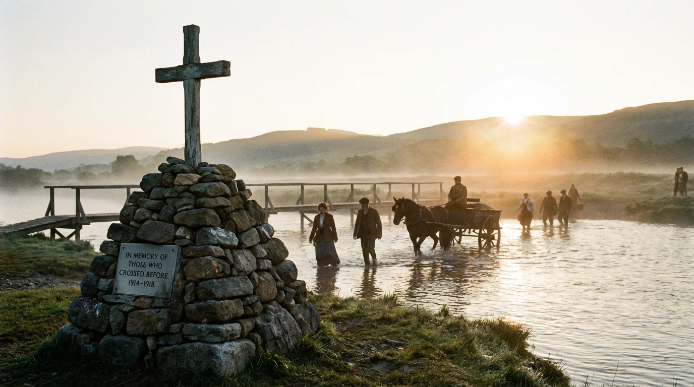 Dawn at a river crossing with a cairn of stones symbolizing remembrance.
