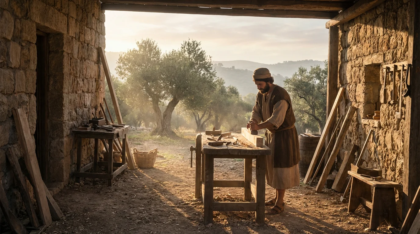A quiet Nazareth carpentry workshop at dawn, evoking Joseph’s humble faith.